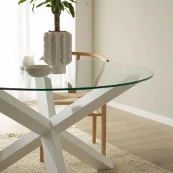 Banak Carot Table &agrave; manger en bois massif laqué blanc et verre rond de 120 cm