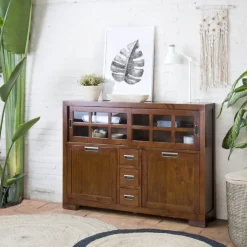 Banak Kenia Vitrine étroite en bois de teck de 145 cm