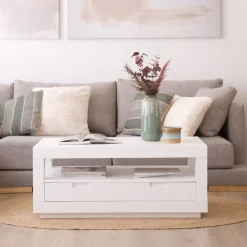 Banak Sisal Table basse en bois laqué blanc